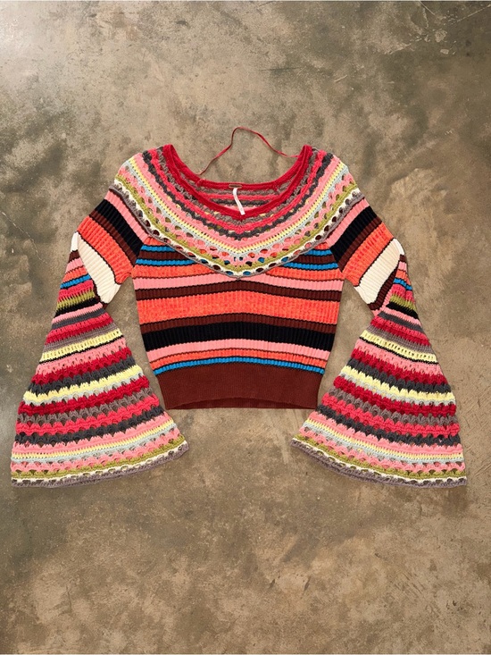 Free People Sweaters - Free People Crochet Bell Sleeve Crop Sweater XS Boho Festival Stripe